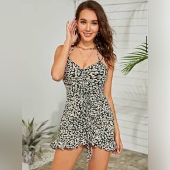 NWOT Self tie halter neck drawstring ruched floral mini dress. Size XS - Picture 1 of 3